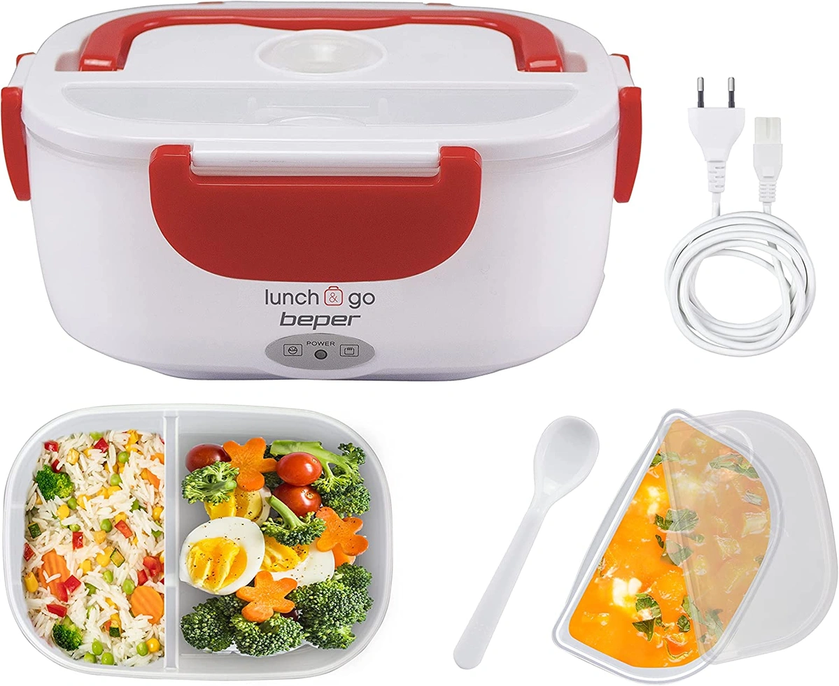 imagen de BEPER Lunch & Go Calentador de Comida eléctrico portátil, 2 contenedores extraíbles, Plancha calefactora de Acero, Cubiertos de plástico incluidos, 220 V