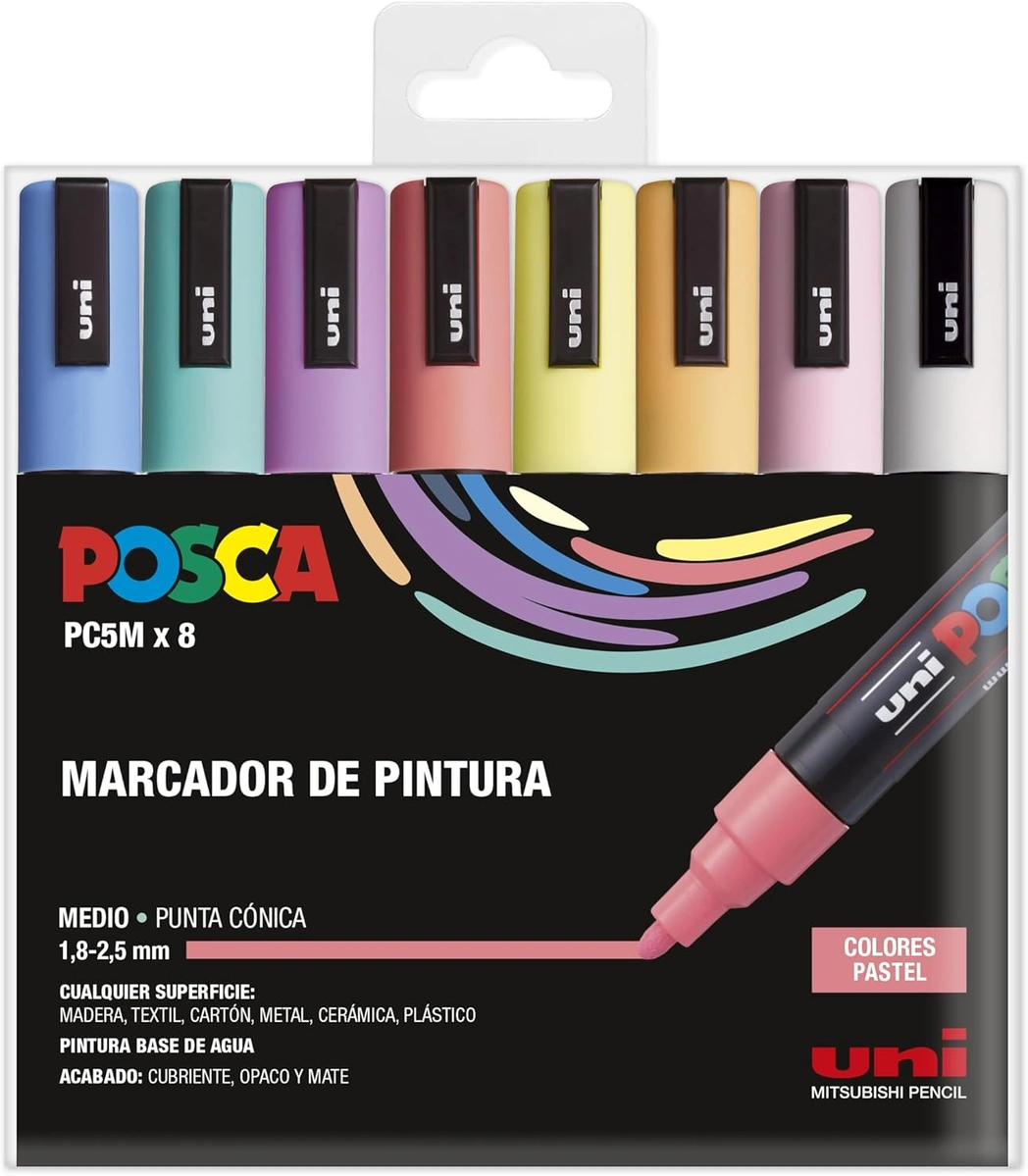 Imagen de: PAQ 8 ROTULADORES UNI POSCA PC-5M COLORES PASTEL 