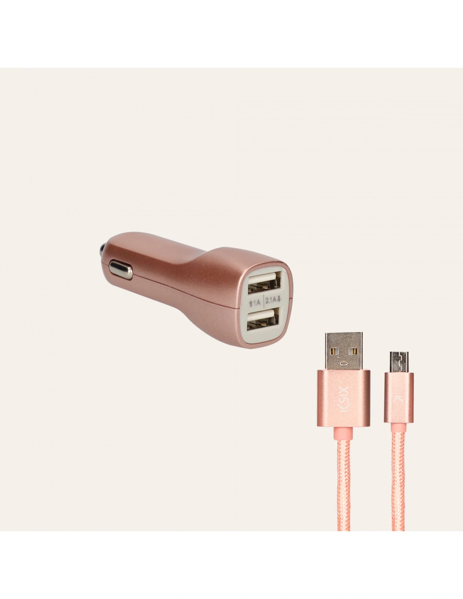 Imagen de: Cargador de coche Contact, 10W, 2 salidas, USB + cable USB A - Micro USB, Rosa metalizado 