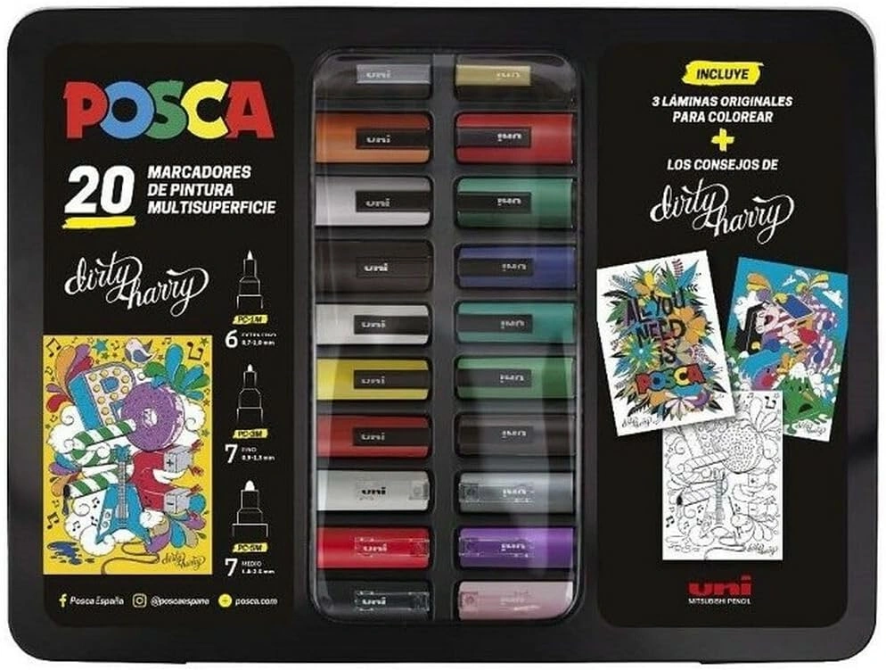 Imagen de: CAJA METAL 20 ROTULADORES POSCA SURTIDOS PC-1M/3M/5M 